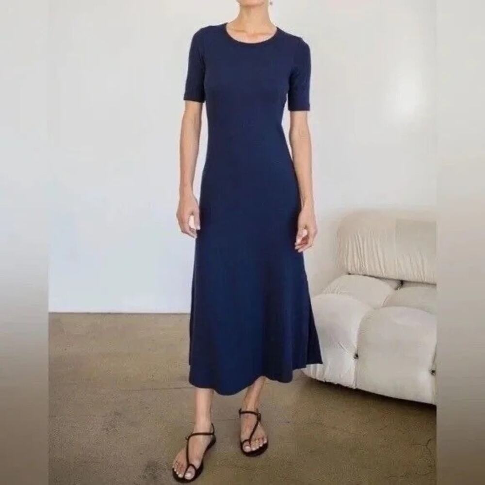 NEW AYR The Moderne Ribbed Midi Dress City Sky Navy Blue XS Classic Minimalist